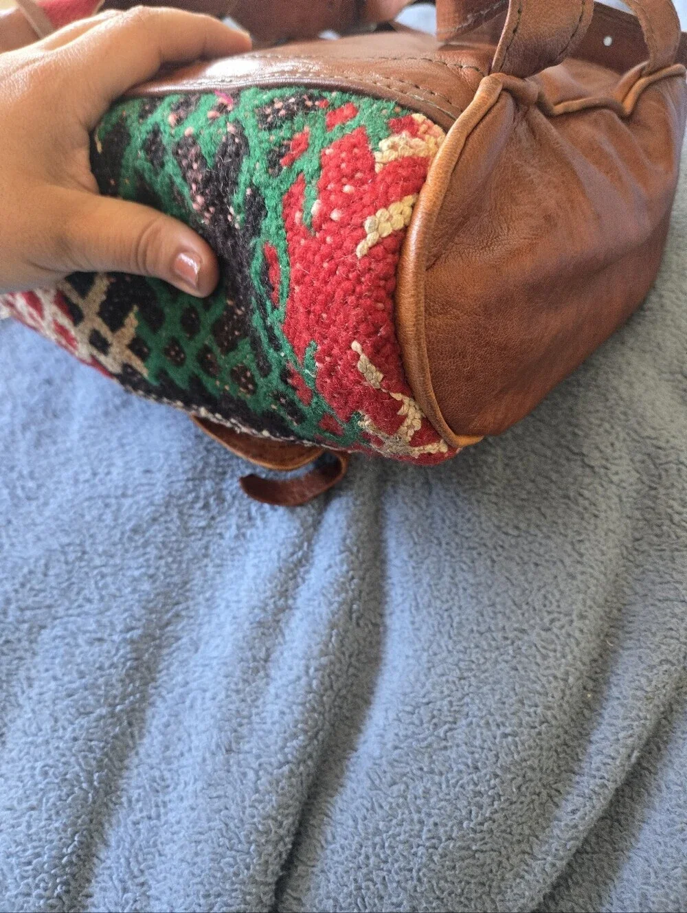 Handmade Moroccan Kilim Leather Backpack Red Southwestern Tribal Boho Rucksack - Picture 7 of 15